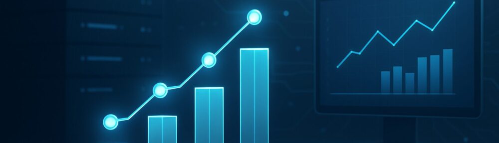 Abstract data visualization showing upward trend with glowing bars and lines on a digital interface