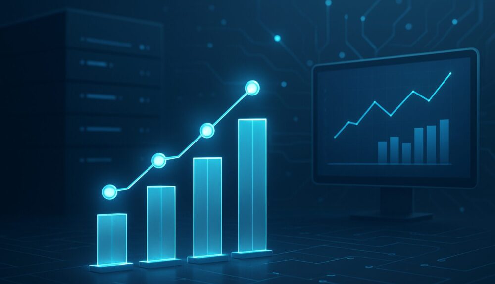 Abstract data visualization showing upward trend with glowing bars and lines on a digital interface