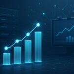 Abstract data visualization showing upward trend with glowing bars and lines on a digital interface