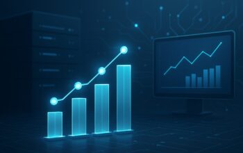 Abstract data visualization showing upward trend with glowing bars and lines on a digital interface